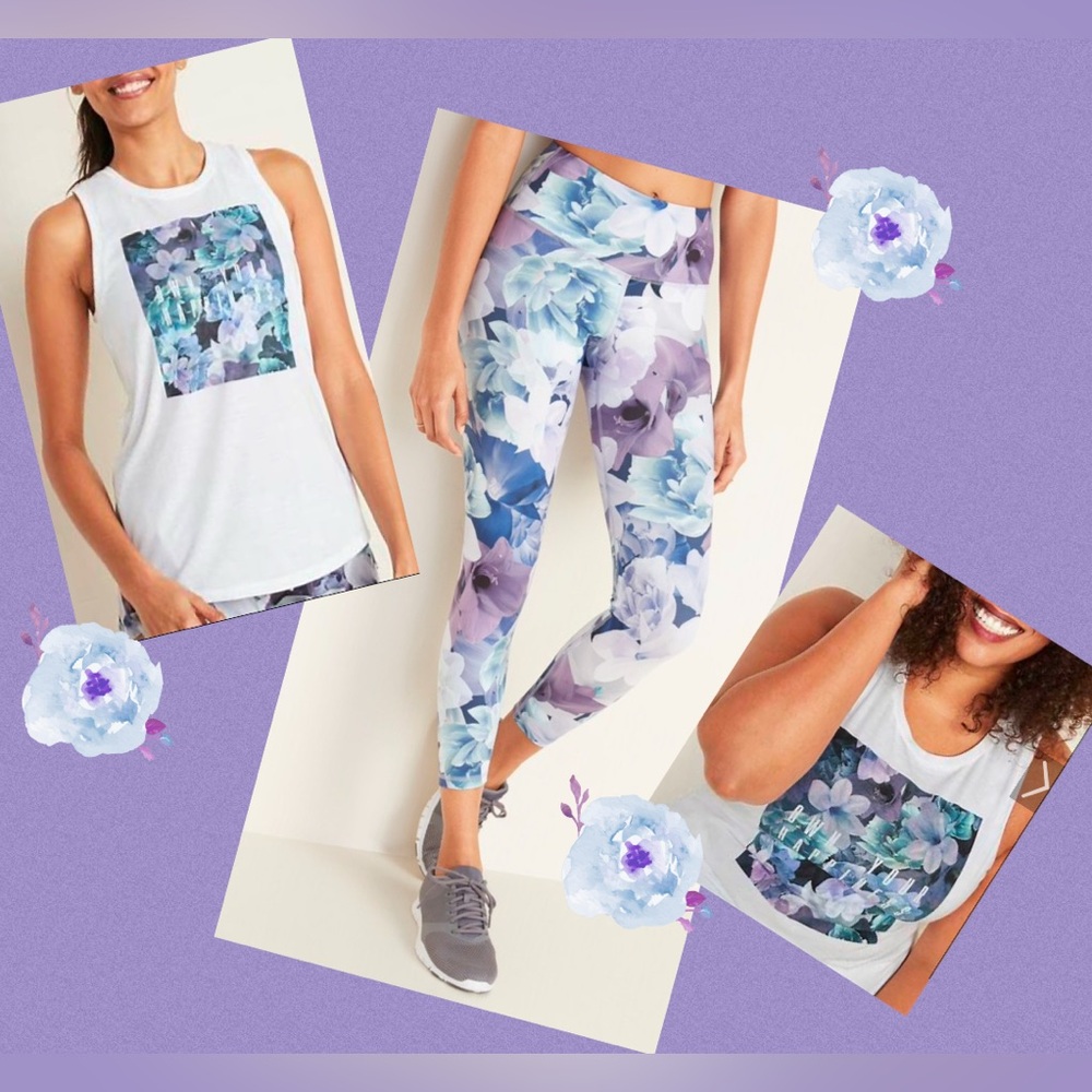 Set of 2, NWT Old Navy Purple Floral Muscle Tank Top & High-Rise Floral Leggings
